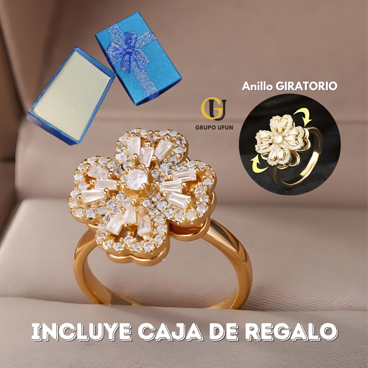 Anillo Trebol Corazon Giratorio +CAJA DP