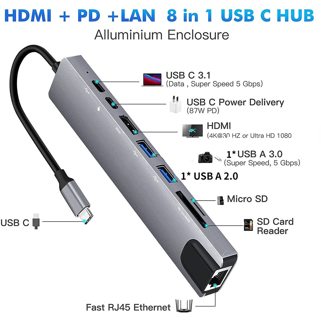 Convertidor tipo C 8 en 1 hub usb HDMI